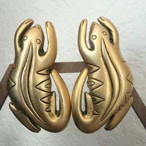 Vintage Laurel Burch Gold Tone Lizard Clip On Earrings